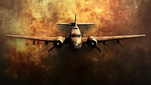 Vintage twin engine airplane on textured rust background.