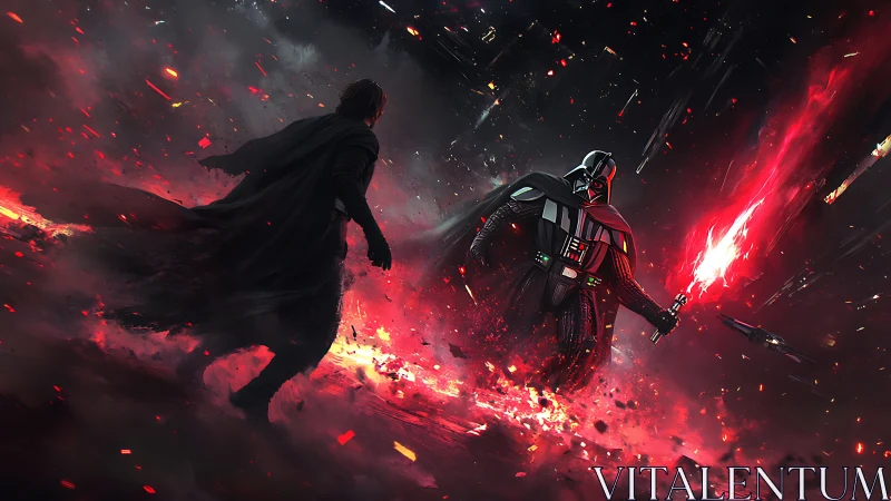 Sith warrior confronts cloaked foe amid red molten ground.
