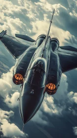 Sleek jet soars above soft clouds with glowing engines.