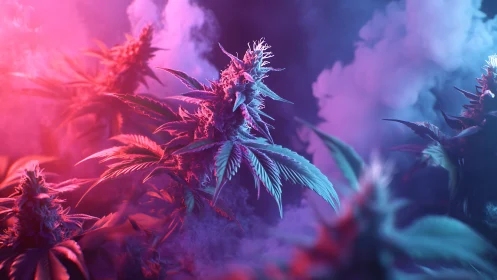 Cannabis colas glow under neon magenta cyan haze lighting.