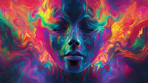 Luminous abstract face dissolves into swirling neon waves