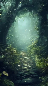 Luminous Forest Pathway Through Misty Woodland Canopy.