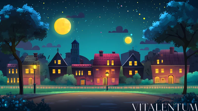 Moonlit neighborhood glows softly under a cozy starry sky
