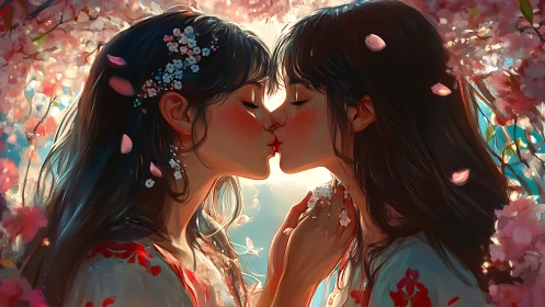 Lovers share spring kiss amid glowing cherry blossoms