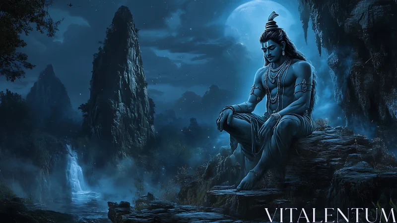 Moonlit blue deity in peaceful mountain meditation.