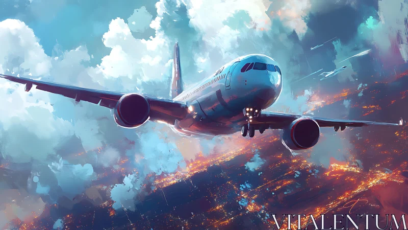 Passenger jet soars above glowing night city through clouds