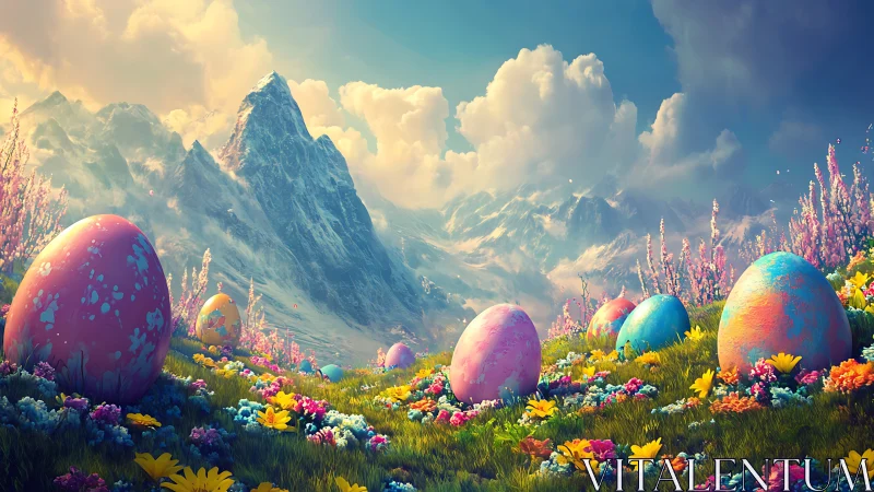 Chromatic egg monoliths in alpine bloom-saturated valley.