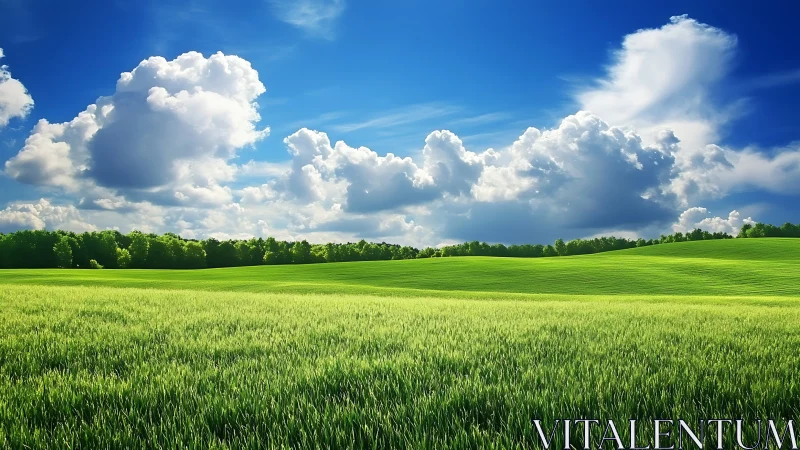 Sunlit green meadow under towering summer cumulus clouds.