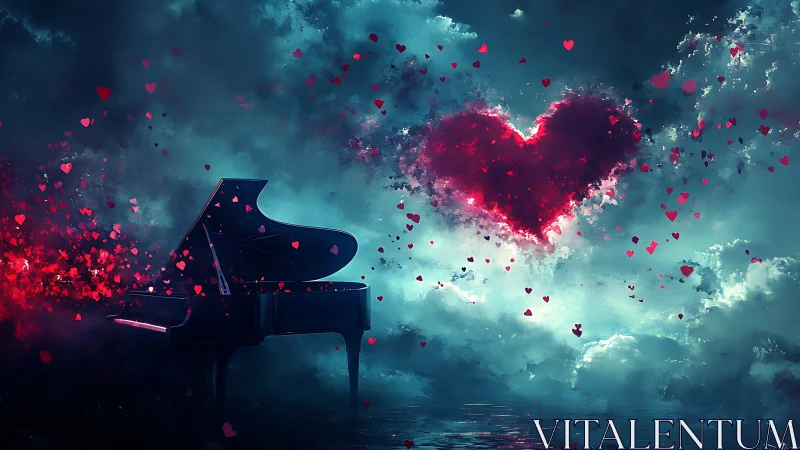 Midnight piano ignites luminous storm of crimson hearts.