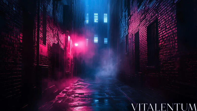 Neon rain-soaked alleyway glows through dense drifting fog