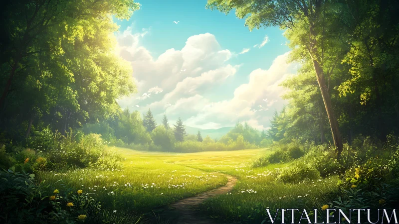 Sunlit grassy clearing with winding path through trees.