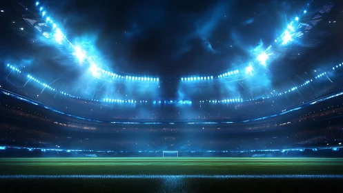 Illuminated football stadium interior under night floodlights.