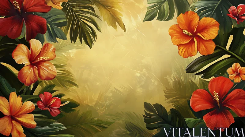 Hibiscus Blooms with Tropical Palm Foliage Arranged in Golden Light