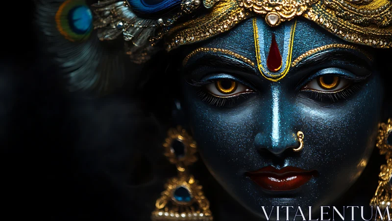 Chromatic deity visage with jeweled ornamentation in macro focus.