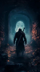 Armored warrior stalks burning tunnel under cold blue haze.