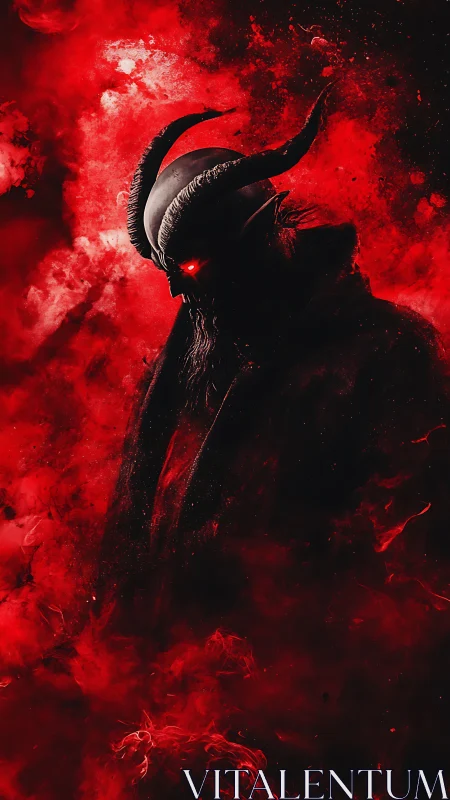 Horned demonic silhouette emerges from red particulate nebula