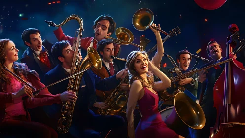 Big band jazz ensemble bursts with brass energy