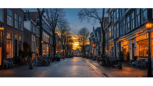 Sunlit Dutch canal street glows under warm evening lamps