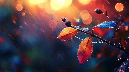 Macro branch in rain with bokeh-lit droplets and warm backlight