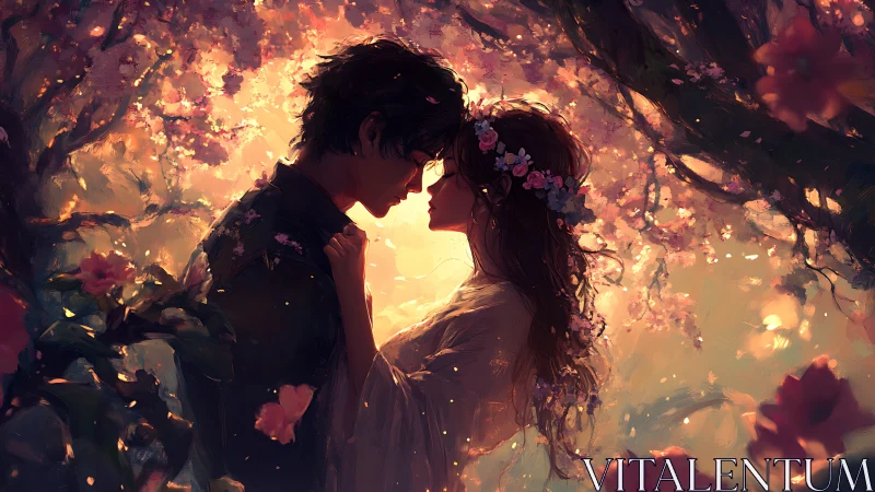 Two Hearts Glowing Under Cherry Blossom Canopy.