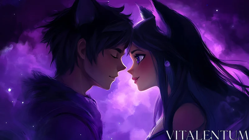 Two anthropomorphic figures with cat ears in purple light.
