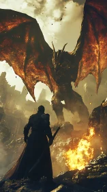 Knight confronts infernal dragon amid burning citadel skies.