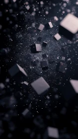 Dark 3D cubes swirling through deep cosmic particle field.