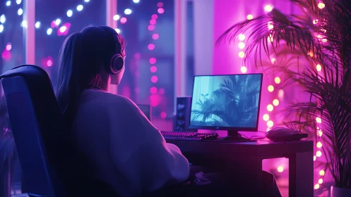 Cozy neon-lit gamer retreat with relaxed headphones vibe.