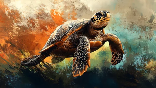Sea turtle glides through abstract oceanic color fields.