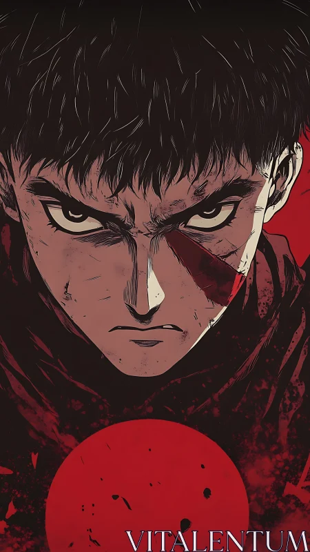 Defiant anime warrior stares ahead in blood-red shadows.