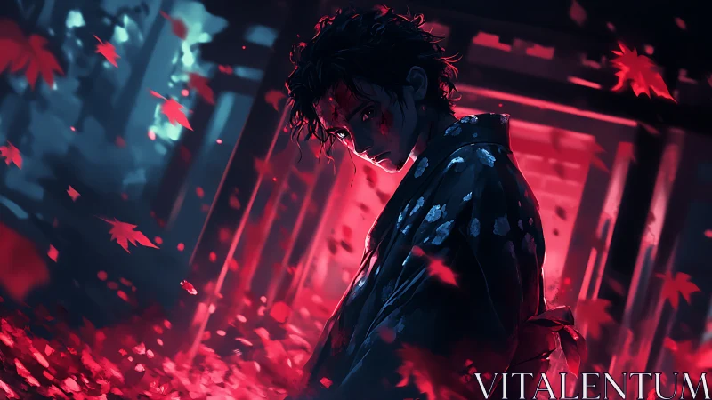 Samurai figure amid red maple leaves in night setting.