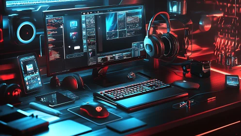 Dual-monitor cyber workstation with neon-lit peripherals.