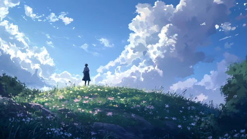 Lone figure on flowered hill under vast summer sky.