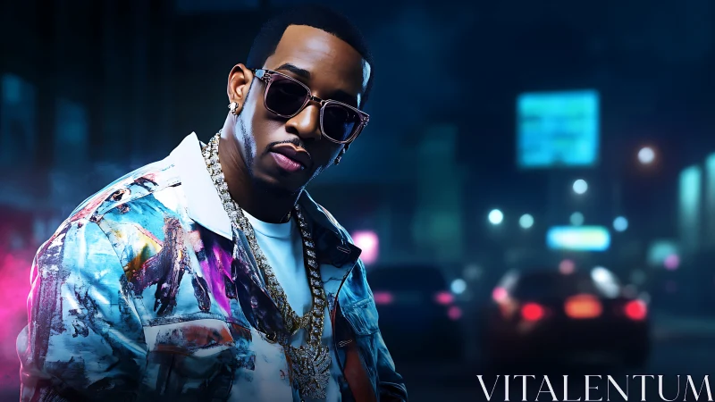 Urban nightlife portrait of stylish man in neon city glow.