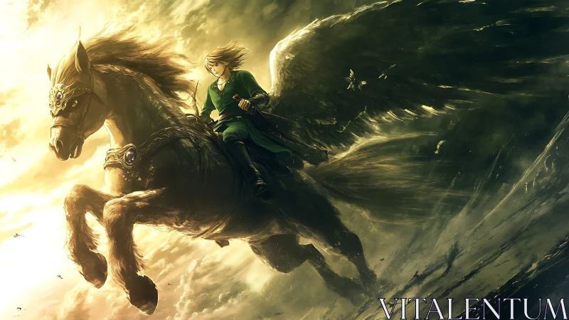 Winged horse with armored rider moves through turbulent sky