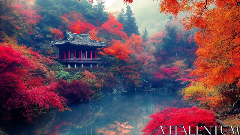 Traditional pavilion by forest lake amid dense autumn foliage.