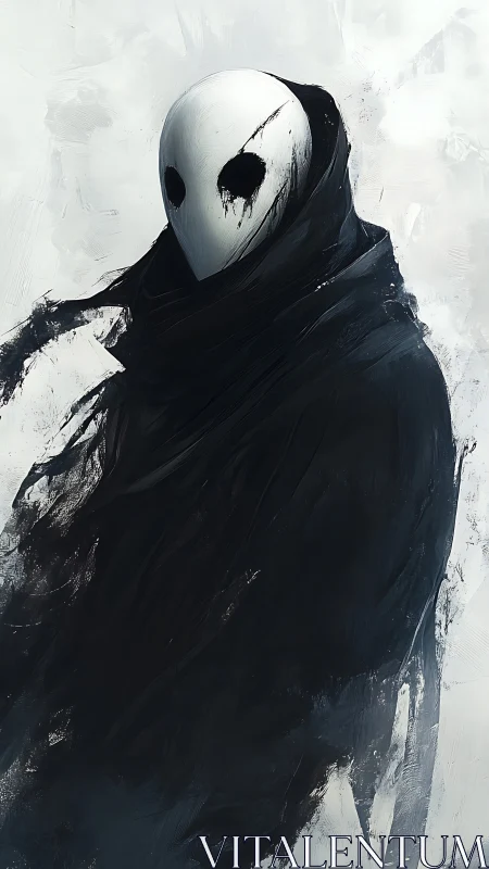 Monochrome spectral figure in abstract shrouded cloak composition.