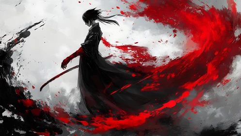 Solitary swordsman commands swirling red ink storm