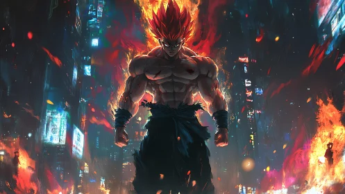 Flaming warrior ascends amid neon wreckage of burning city.