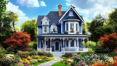 Charming blue Victorian home glows amid lush blooming gardens