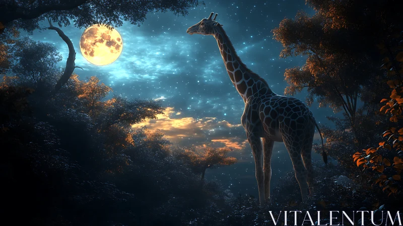 Moonlit giraffe beneath glowing stars in misty forest twilight.