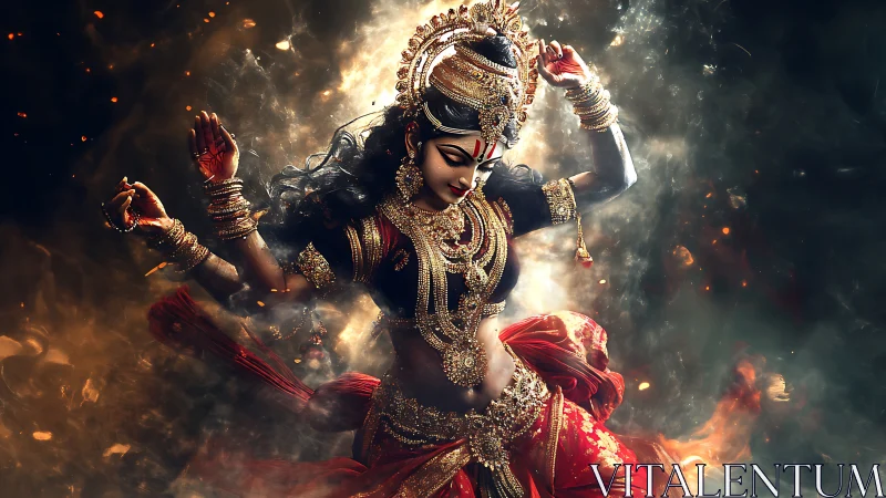 Digital depiction shows ornate dancer amid dynamic smoke field