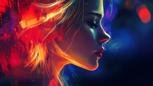 Profile portrait of woman in vivid neon red and blue light.