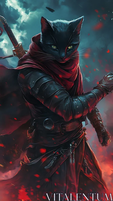Black feline swordsman stalks through emberlit storm night.