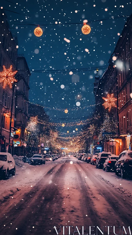 Snow-covered city street with golden festive light trails.