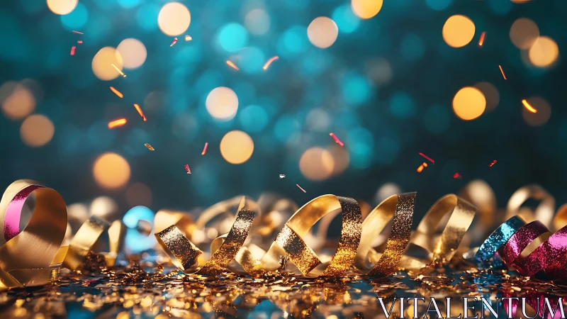 Golden party ribbons shimmer against vibrant bokeh lights