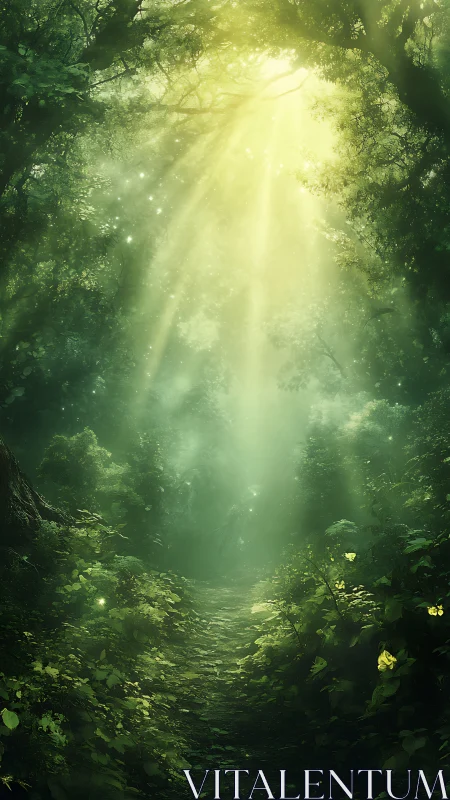Sunlit forest path under luminous emerald canopy.