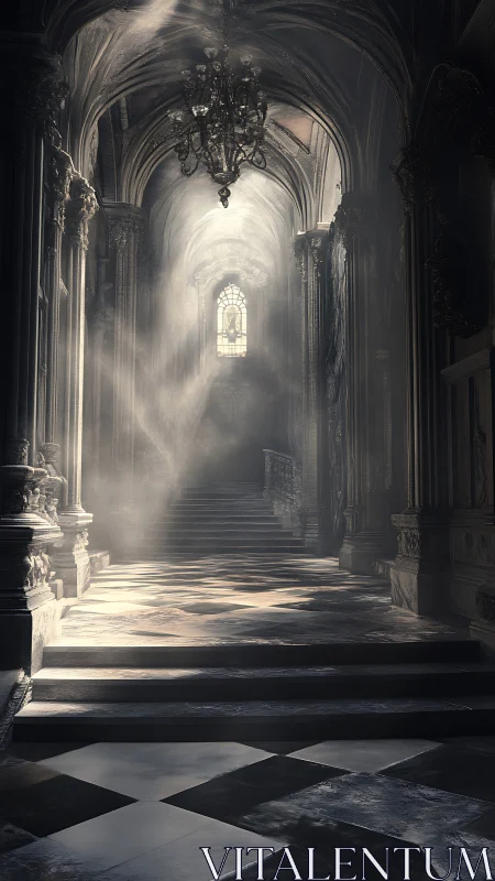 Cathedral staircase drinking sunlight in quiet gothic hush.