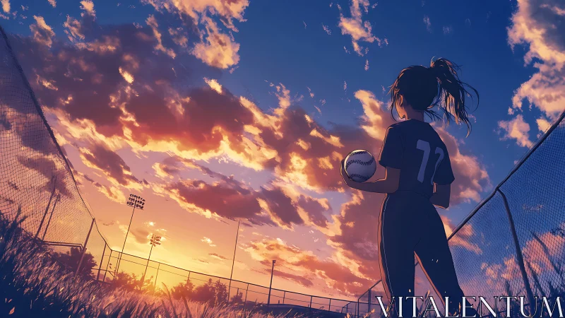 Softball player watching sunset over empty field.