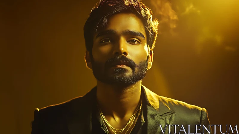Bearded man in dramatic golden studio portrait lighting.